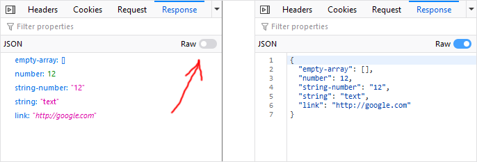 Switch between raw and formatted JSON