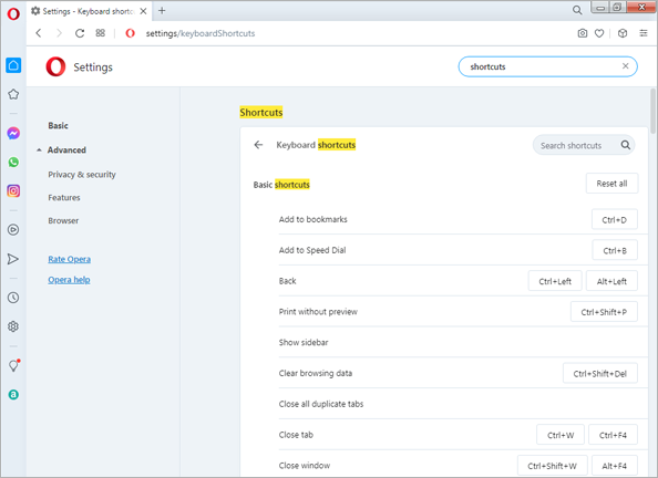 Opera 75 Keyboard Shortcuts